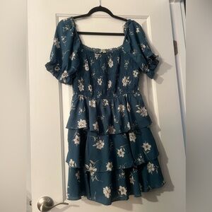 Teal & Cream Floral Smocked Ruffle Mini Dress